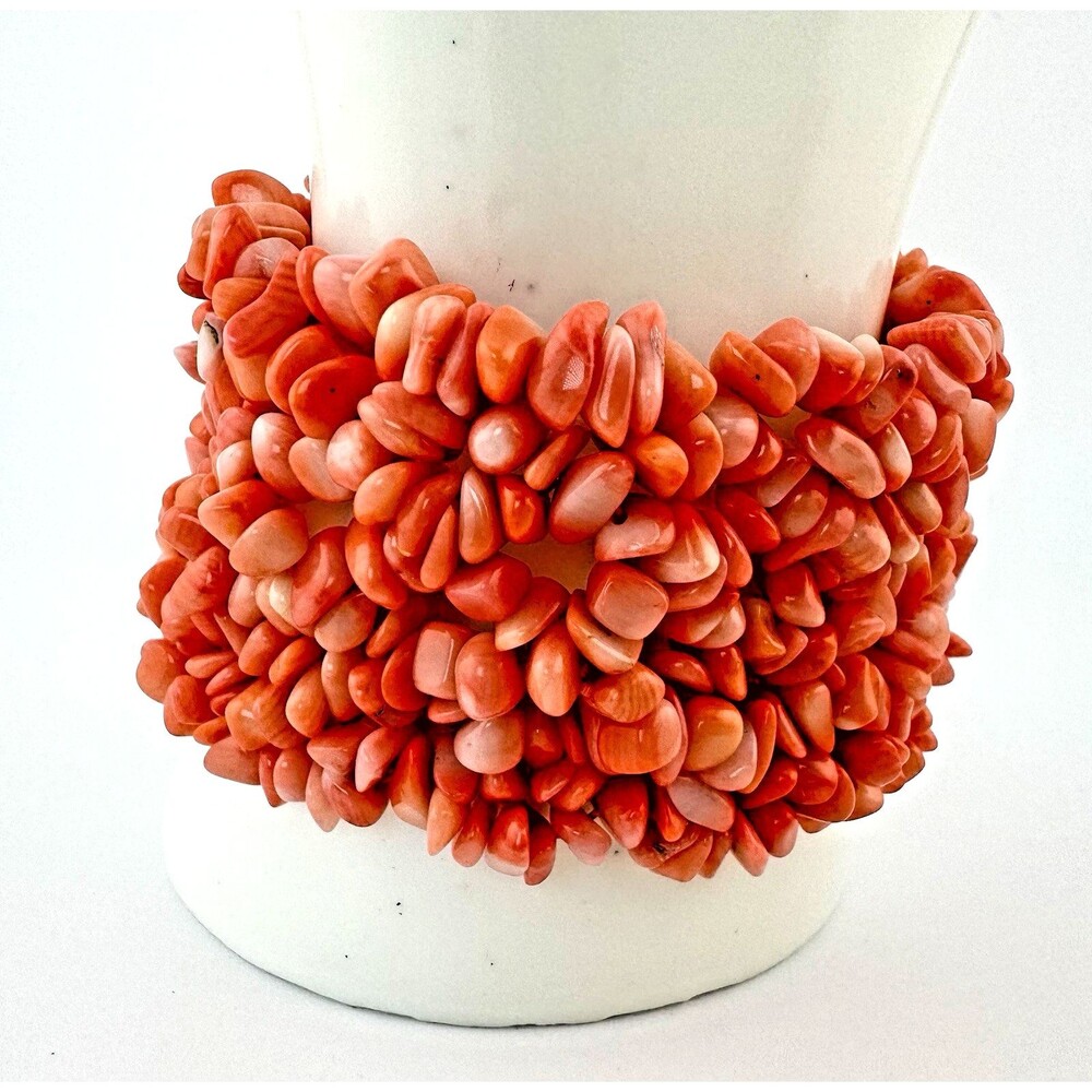 Pink Bamboo Coral Cuff Bracelet Wide Stretch Statement Nugget Beads
